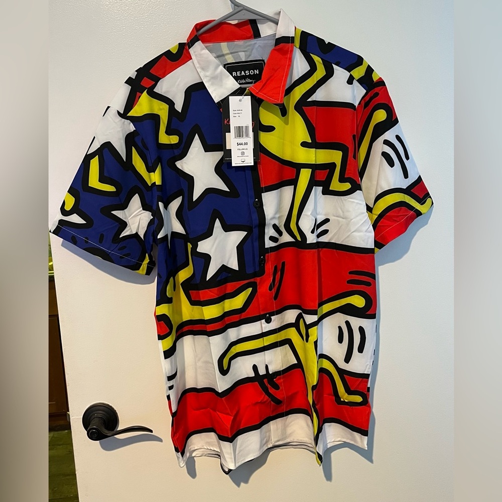 REASON x KEITH HARING RED WHITE AND BLUE AMERICAN PATRIOTIC SHIRT NWT XL